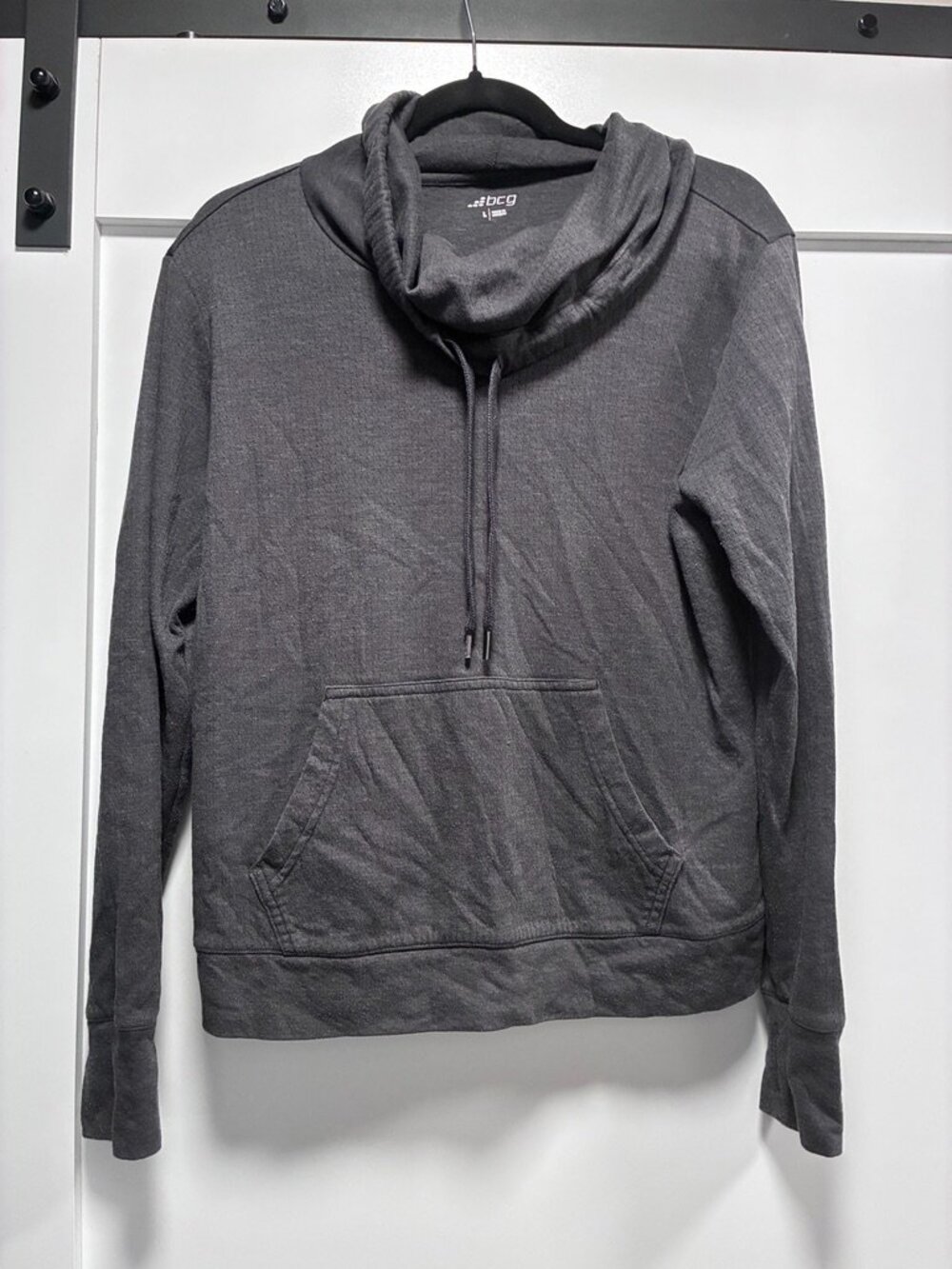 BCG Charcoal Gray Cowl Neck Pullover Sweatshirt Kangaroo Pocket Women's L